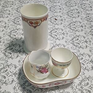 Antique Cauldon China Vanity  Bathroom Set Signed Floral NY 4P Lot